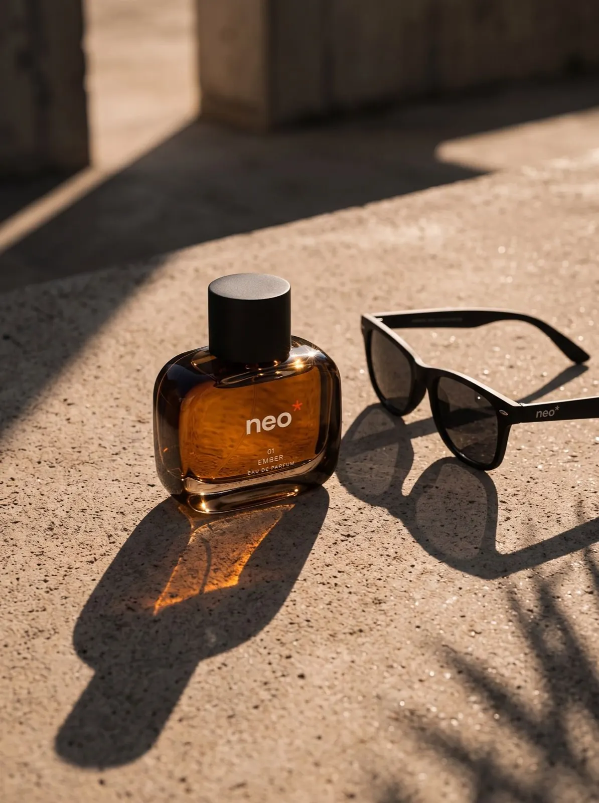 Nature morte de parfum et lunettes